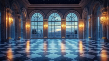 Obraz premium Grand ballroom with arched windows, marble floor, and chandeliers at twilight.