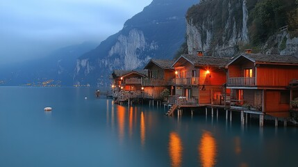 Fototapeta premium Tranquil Lakeside Cabins at Dusk with Soft Light