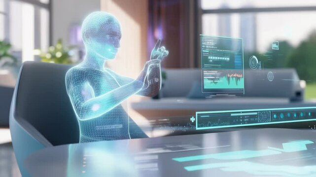 A closeup of a holographic doctor avatar in a telemedicine setting vividly displaying details of a patients health status projected from the table. The background features a calming