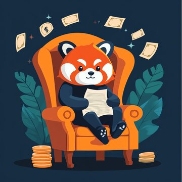 A whimsical red panda comfortably sits in a chair, counting money and reviewing documents amidst playful currency.