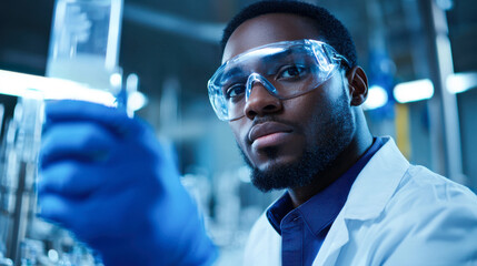 Obraz premium Scientist in lab coat examining liquid in test tube, focused expression