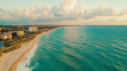Fototapeta premium Stunning Aerial View Coastal Beach Turquoise Ocean Cloudscape