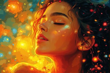 Obraz premium Close-up portrait of a young woman with eyes closed, surrounded by warm, glowing lights. Digital painting in an abstract style.