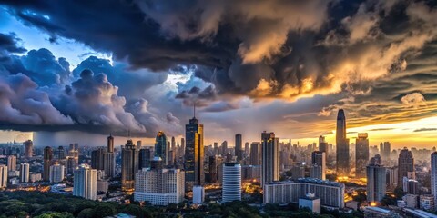 Fototapeta premium Dramatic panoramic view of a cityscape at dusk with towering skyscrapers and dark stormy clouds covering the sky, dark clouds, stormy sky