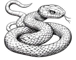 A detailed black and white illustration of a coiled snake