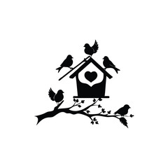 two birds on a branch with love icon.Valentines Day icon set vector illustration.