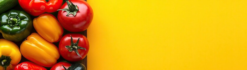 Colorful peppers and tomatoes on yellow background, healthy food banner
