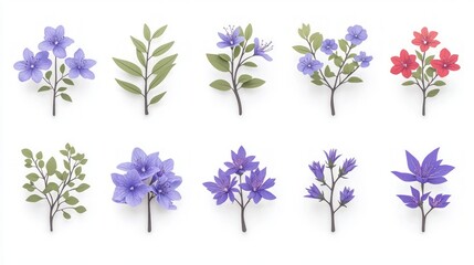 PNG Cutout Flowers  Lilac  Red  Green Branches  Botanical Elements