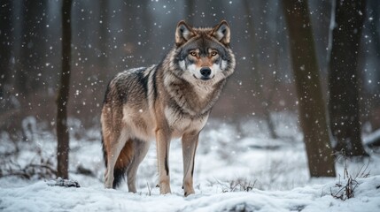 Obraz premium Majestic wolf standing in snow-covered forest amid falling snowflakes