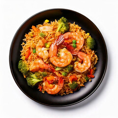 a black plate of egg fried rice with prawns, cabbage, green peas, sweet corn, carrots, broccoli and shiitake mushroom, shot top down, realistic food photography, isolated on a w white background