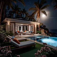 Fototapeta premium Modern beach house under moonlight with pool 