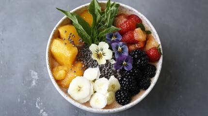 Delicious Smoothie Bowl  Mango  Strawberry  Blackberry  Banana   Edible Flowers