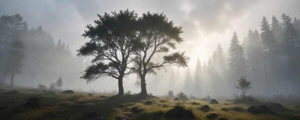 A serene landscape with a misty forest and a single tree in the foreground,  environment,  solitude,  calmness