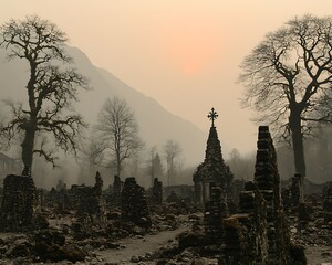 Ruins of an old structure nestled in the valley landscape