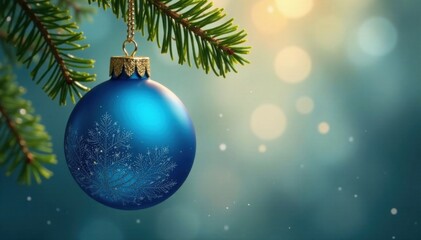 Blue crystal ornament hanging from a fir branch, Christmas, crystal, ornament