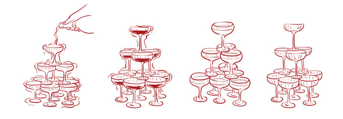 Hand drawn wedding champagne tower collection vector. Sketch wedding wine glass line art