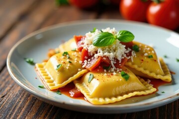 Boiled ravioli filled with salami and mozzarella on a plate, Italian, salami