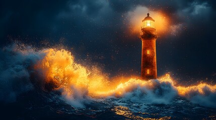 Glowing Lighthouse Beacon Cutting Through Dramatic Stormy Seascape with Crashing Waves Against Illuminated Cliffs