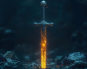Obraz premium Glowing Sword Embedded in Stone Radiating Power and Illuminating Blackness