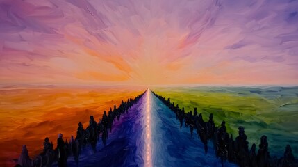 Colorful Sunset Landscape Painting  Figures Converging  Abstract Art  Path to Horizon