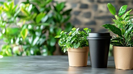 Fototapeta premium Serene Coffee Break: Plants and Coffee Cups on a Dark Table