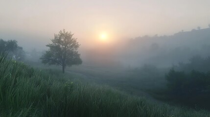 Obraz premium A foggy morning with the sun just barely visible.