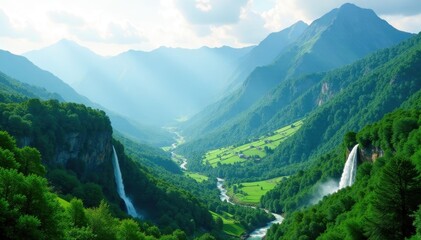 Naklejka premium Misty mountain peaks, lush green valleys, cascading waterfalls, image, beautiful