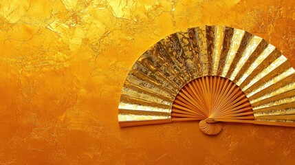 Exquisite golden hand fan against a textured golden surface background