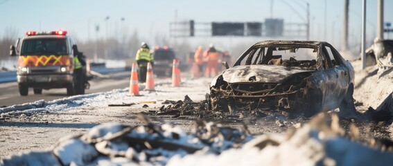 Car engulfed in flames on highway with emergency response team and debris cleanup in winter conditions