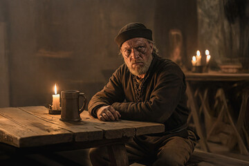 Portrait of an old pirate sitting at a table. A sailor at a table in a tavern is getting drunk
