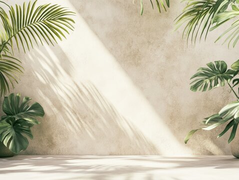 Minimalist background with tropical plant shadows on wall. Sunlight casting tropical plant shadows on a textured wall, creating a minimalist and natural aesthetic background - Powered by Adobe