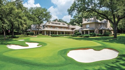 Luxurious golf course with a large estate home in the background