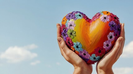 Colorful Hand Painted Heart with Flowers  Sky Background  Love  Hope