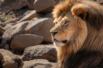 Obraz premium Portrait of a lion lying on a rock. Male lion in the savannah. Looking into the camera. AI generated. Copy space