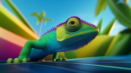 Obraz premium A vibrant green and purple chameleon, looking at the camera with an inquisitive expression against the background with palm trees. 3D rendering.
