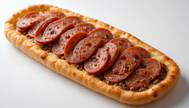 Savory Turkish pide with sucuk sausage, minced meat, and melted cheese on crispy golden crust