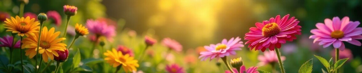 Obraz premium Sun-drenched asters and vibrant blooms in a lush garden , botanical, aster