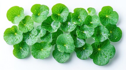 Obraz premium Fresh green leaves with water droplets on white background.