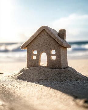 Sand house on the beach with ocean waves in the background. Miniature sand house on the beach with ocean waves and sunlight in the background, symbolizing vacation and dreams
