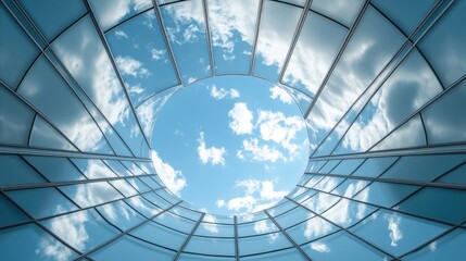 Circular Glass Roof with Blue Sky and Clouds View