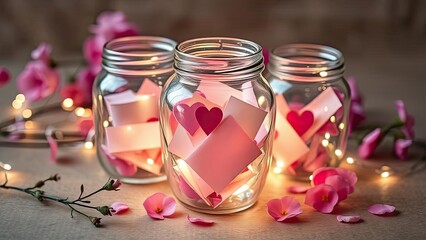 Romantic Valentine s Day Decor Pink Notes Hearts Mason Jars Fairy Lights