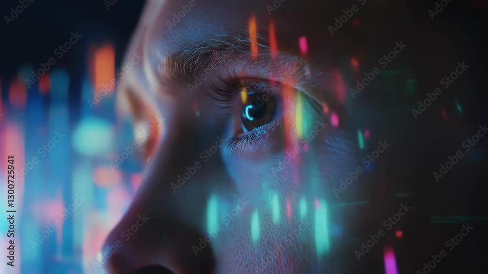 Poster close up of software engineer with data flow reflecting on face, symbolizing the interconnectedness 
