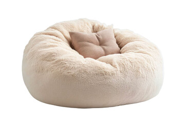 Creamy Beanbag Chair with Fluffy Texture and Brown Pillow on Transparent Background