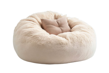 Creamy Beanbag Chair with Fluffy Texture and Brown Pillow on Transparent Background