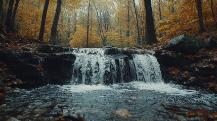 Fototapeta premium Autumnal waterfall cascading over rocks in a forest.
