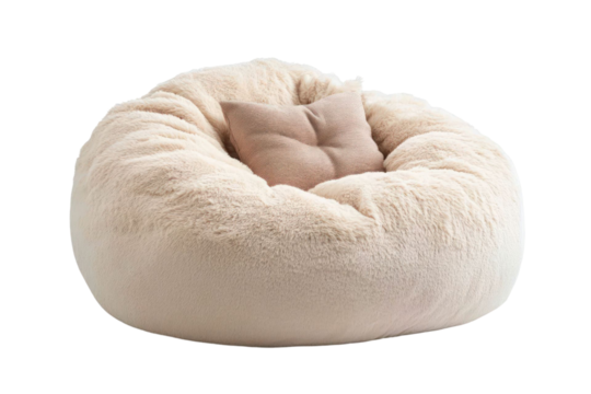 Creamy Beanbag Chair with Fluffy Texture and Brown Pillow on Transparent Background