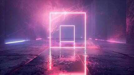 Glowing neon pink square frame with smoke and reflection on a wet floor.