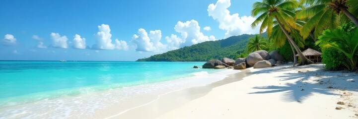 Fototapeta premium White sand beach, crystal clear water, abundant greenery , sunny, beautiful, palms