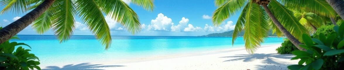 White sand, swaying palm, crystal clear water, landscape, sea, bright