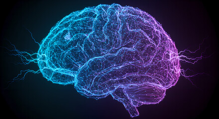 Glowing human brain with electric blue and purple neon lights on dark background. Neural network visualization. Medical science, artificial intelligence concept. Modern tech banner with space